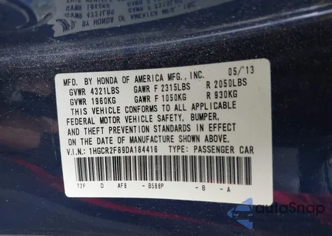 2013 Honda Accord Ex-L from USA, damaged, VIN 1HGCR2F89DA184416